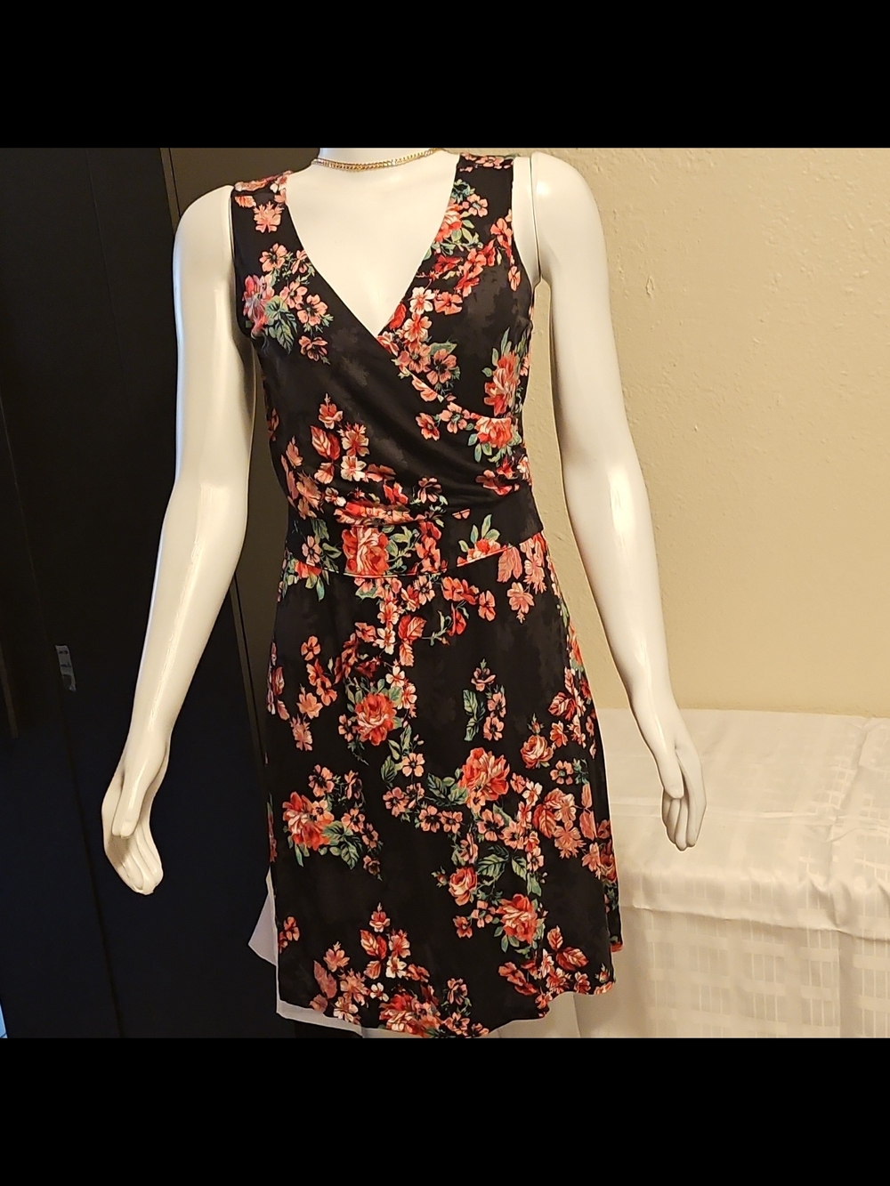 Maurices Black Floral Wrap Dress with Pink and Green Accents